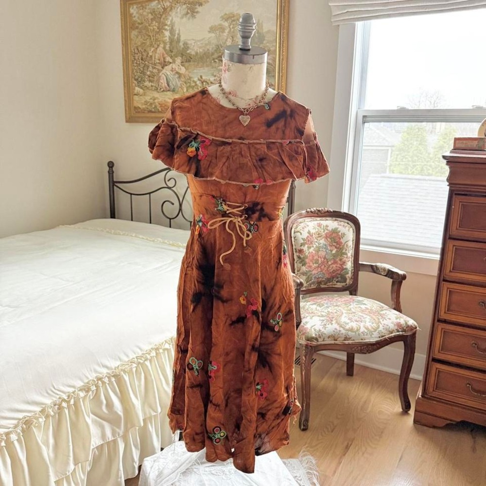 Y2K brown embroidered boho midi dress‎ size xl